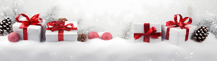 Wall Mural - christmas gifts with red ribbons, pine cones, spruce and fir branches and decorations in a row on wh