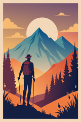 Wall Mural - Solo Hiker Enjoying Sunset View Over Mountain Landscape