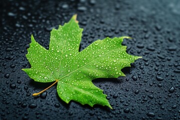 Single green maple leaf on a black surface with water droplets.