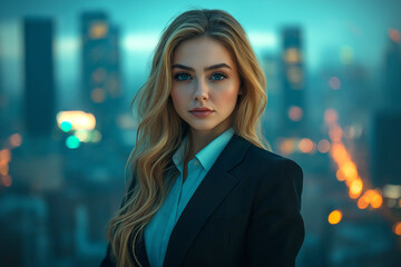 A picture of the upper body of a beautiful business woman standing in a suit, the city background of a high-rise building