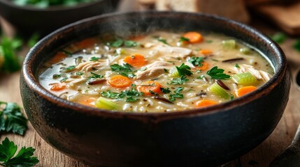 Canvas Print - Classic chicken and wild rice winter soup, with carrots, celery, and parsley, steaming in a vintage soup pot, placed on a wooden table background home-cooked comfort 