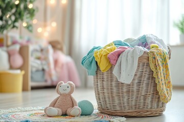 Aufkleber - A laundry basket is overflowing with vibrant children's clothes and plush toys, brightening up the cheerful, sunlit room. Generative AI