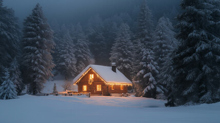 Canvas Print - Cozy cabin surrounded by snow-covered pine trees, Christmas lights glowing warmly through the windows, peaceful white Christmas scene 