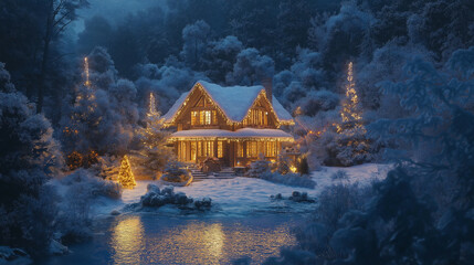 Sticker - Cozy house surrounded by snow-covered trees, soft white Christmas lights glowing in the night, warm and peaceful atmosphere 