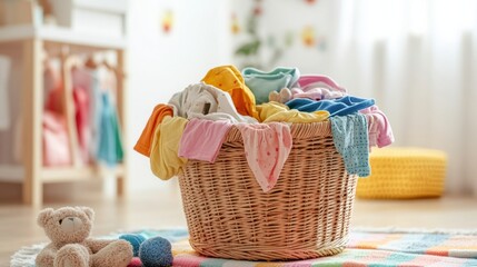 Aufkleber - A laundry basket overflowing with vibrant children’s clothing and soft toys is placed in a sunlit room, creating a cheerful atmosphere. Generative AI
