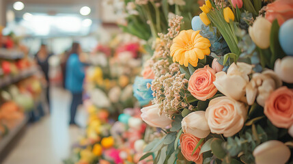 Wall Mural - Easter wreath display with vibrant spring flowers and pastel eggs, shoppers in the background, bright store setting 