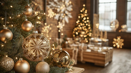 Canvas Print - Elegant Christmas decorations on display, featuring gold baubles, snowflakes, and festive lights, soft warm lighting, cozy atmosphere 