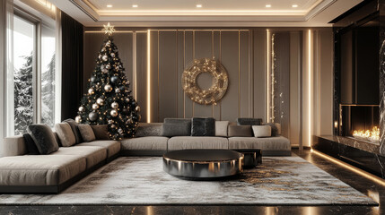 Canvas Print - Elegant living room with a black Christmas tree, gold and silver ornaments, modern holiday decor, soft cozy lighting 