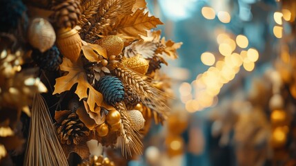 Wall Mural - Elegant Thanksgiving wreath with dried wheat, acorns, and golden leaves hanging in a shop, bright and festive atmosphere 