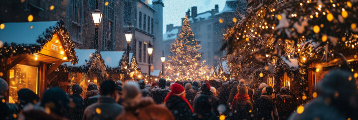 Wall Mural - Group of people singing Christmas songs outside, snow falling, warmly lit houses and twinkling lights, festive energy 