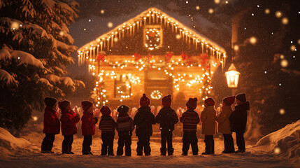 Sticker - Group of children singing Christmas carols in front of a snow-covered house, bright holiday lights twinkling, joyful mood 