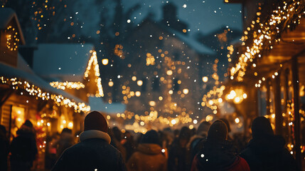 Wall Mural - Group of people singing Christmas songs outside, snow falling, warmly lit houses and twinkling lights, festive energy 