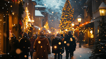 Poster - Group of people singing Christmas songs outside, snow falling, warmly lit houses and twinkling lights, festive energy 