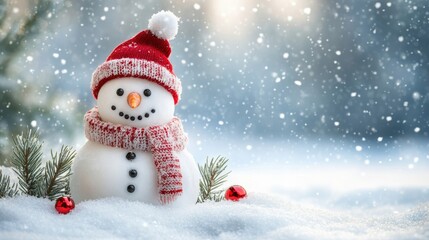 Wall Mural - Isolated snowman with a Christmas hat and scarf, surrounded by white snow and evergreen trees, soft blue sky 