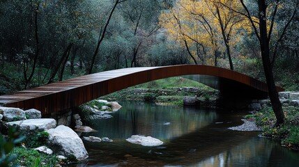 Wall Mural - A gently arched pedestrian bridge, crossing a narrow stream with smooth lines and minimalist supports that complement the serene surroundings