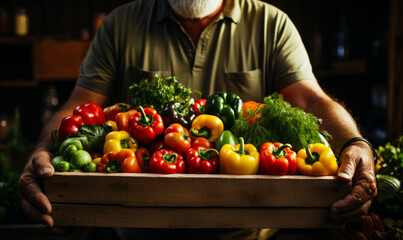 Poster - A man is holding a wooden crate full of vegetables, including peppers and broccoli. The crate is overflowing with produce, and the man is proud of his harvest