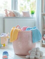 Poster - The laundry basket is filled with vibrant children’s clothing and plush toys, brightening the light-filled room's cozy atmosphere. Generative AI