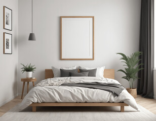 Mockup frame in bedroom interior background, with minimal décor and vibrant plants