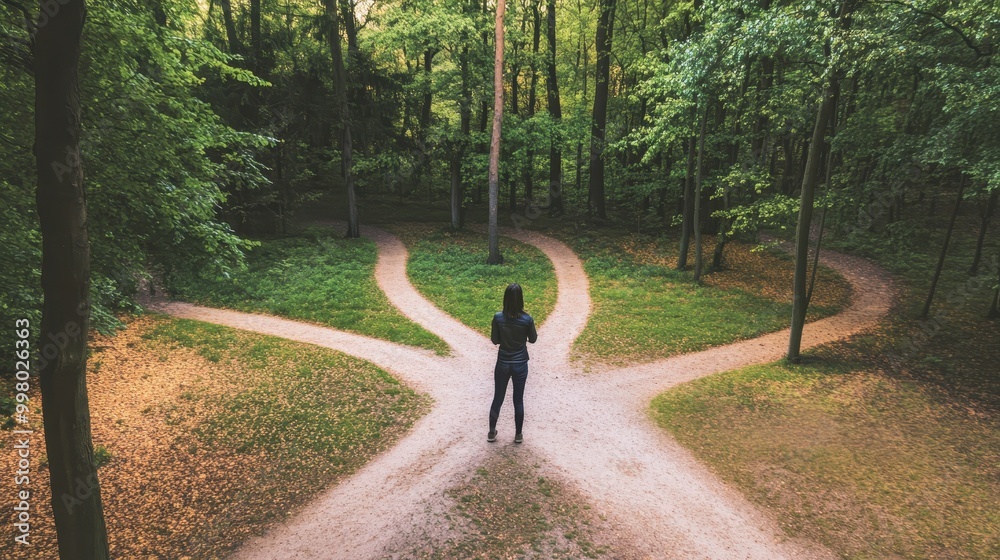 A person stands at a crossroads in a lush forest, contemplating ...
