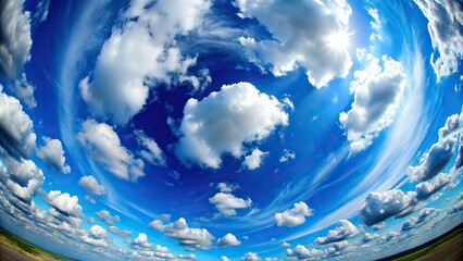 Wall Mural - Fisheye view of blue sky with cumulus clouds in contrast