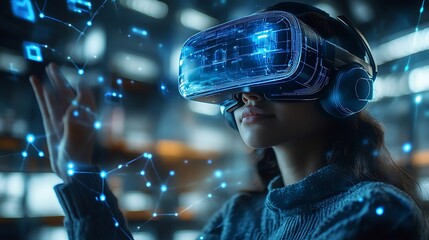  School student with VR headset using AI artificial intelligence technology & machine learning. Interactive technology in classroom. Innovation & smart tech. AI blue hologram in education