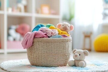 Aufkleber - A laundry basket is brimming with vibrant children's clothing and soft toys in a brightly lit room, creating a lively atmosphere. Generative AI