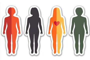 Sticker - Stylized human silhouettes with vibrant colors including a heart in one representing diversity health and individuality in a colorful sticker design