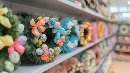 Poster - Shelves lined with colorful Easter wreaths in a home decor store, pastel ribbons, spring flowers, and eggs, festive scene 