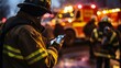 © Maksym - Firefighter using a phone near fire trucks during an emergency response at dusk