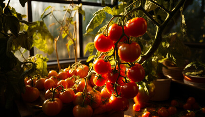 Canvas Print - A bunch of ripe red tomatoes are hanging from a plant. The tomatoes are in various stages of ripeness, with some still green and others already red. The scene is bright and sunny