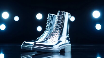 Canvas Print - Silver metallic ankle boots with futuristic design on a black reflective surface under spotlights bold and modern 