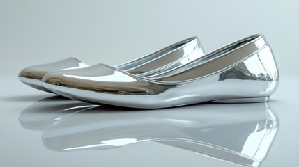 Wall Mural - Silver metallic ballet flats with sleek minimal design isolated on a white reflective surface futuristic chic 