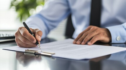 Wall Mural - A closeup of a man's hand signing a document at his office desk.