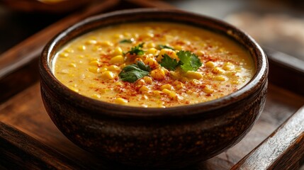 Canvas Print - Smoky corn chowder with roasted corn kernels and a sprinkle of paprika, served in a ceramic bowl on a wooden tray comforting fall meal 