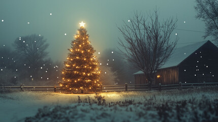 Canvas Print - Snow falling softly over a decorated Christmas tree in the middle of a snowy field, warm white lights, peaceful evening scene 