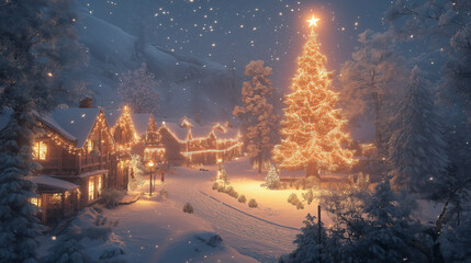 Sticker - Snow-covered village with twinkling Christmas lights, a large decorated tree in the center, soft snowfall, peaceful evening glow 