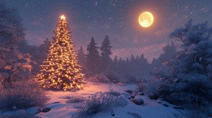 Sticker - Snowy outdoor scene with a brightly lit Christmas tree and a glowing moon, peaceful Christmas Eve night 