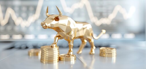 Fototapete - A golden bull figurine standing on coins with financial graphs in the background, symbolizing market strength and success in investment.