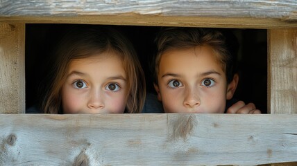 Two curious children peeking through a wooden window.