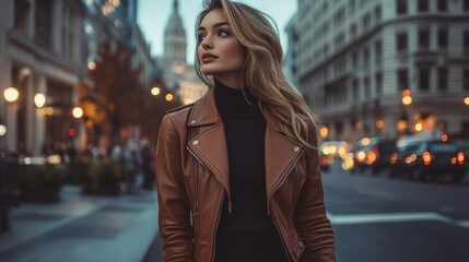 Tan leather jacket over a sleek black midi dress with ankle booties placed on a city street at dusk trendy and stylish 