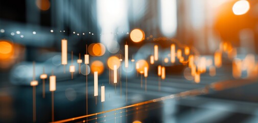 Poster - Abstract digital financial graph with glowing orange candlestick patterns against a blurred city background. Ideal for illustrating market trends and economic analysis.