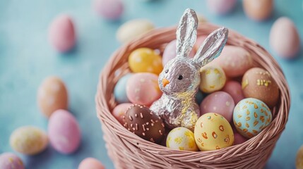 Poster - Top-down view of an Easter candy basket filled with foil-wrapped eggs, chocolates, and gummy bunnies, pastel shades 