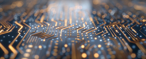 Poster - A close-up view of a complex circuit board design, showcasing intricate patterns and glowing lights, representing advanced technology and innovation, on a blurred background.