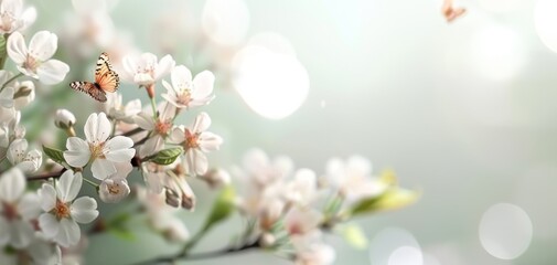Poster - Delicate white flowers with soft green bokeh in the background, conveying a serene and tranquil atmosphere perfect for spring themes and floral arrangements.