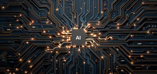 Aufkleber - A close-up view of a circuit board with glowing connections, emphasizing AI technology