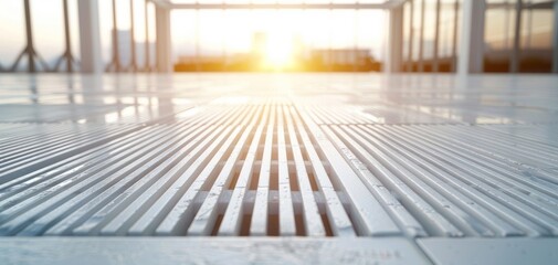Aufkleber - A close-up view of a modern floor with parallel lines reflecting the warm glow of a sunset through large windows.