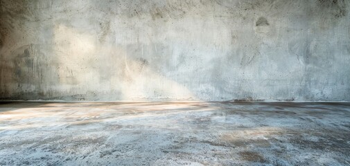Poster - A spacious industrial interior featuring a concrete wall and floor, highlighted by soft natural lighting, creating a minimalist and modern atmosphere.