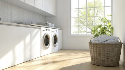 Aufkleber - This laundry room showcases built-in washer and dryer units, sleek white cabinetry, and a basket filled with freshly laundered clothes. Generative AI