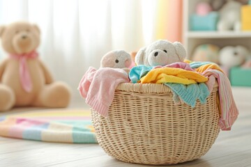 Aufkleber - A laundry basket is overflowing with vibrant children's clothes and plush toys in a softly lit room, inviting warmth and coziness. Generative AI
