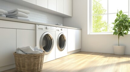 Poster - This stylish laundry room showcases built-in washing and drying machines, sleek white cabinets, and a basket filled with laundry. Generative AI